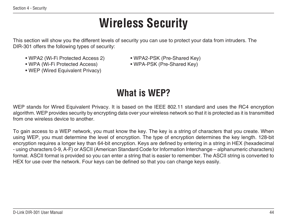 Wireless security, What is wep | D-Link DIR-301 User Manual | Page 44 / 67