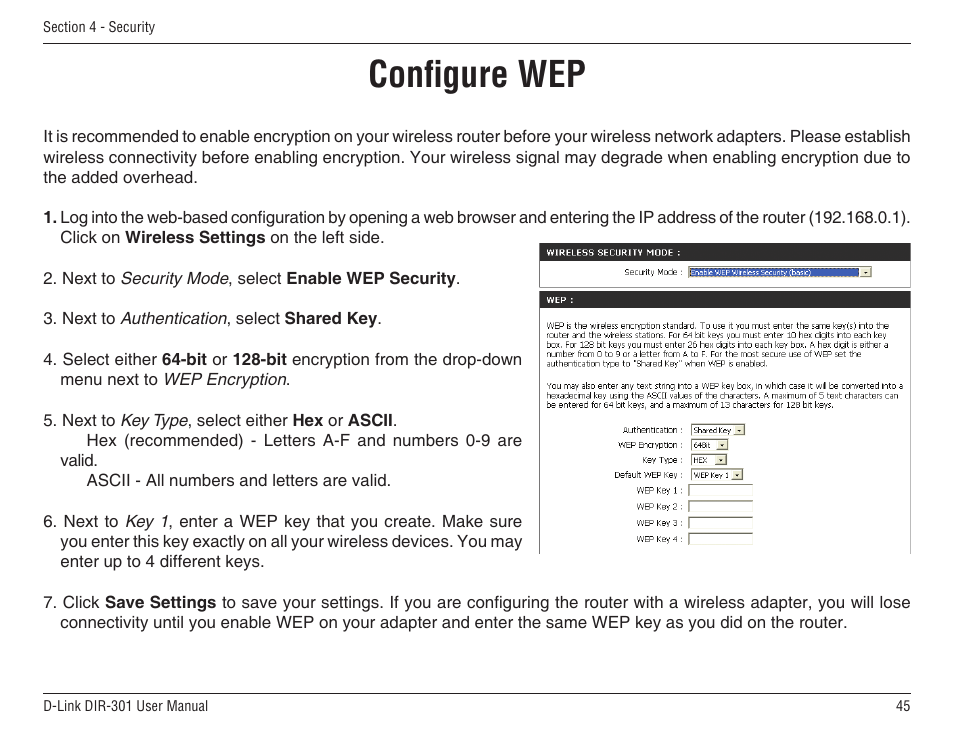 Configure wep | D-Link DIR-301 User Manual | Page 45 / 67