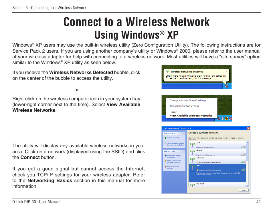 Connect to a wireless network, Using windows | D-Link DIR-301 User Manual | Page 49 / 67