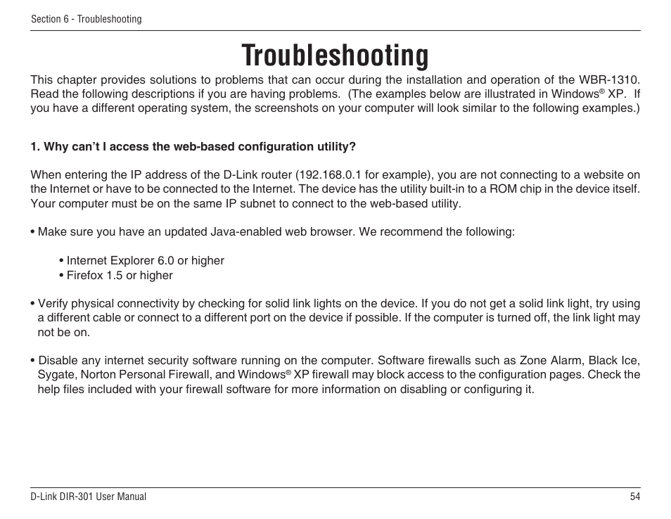 Troubleshooting | D-Link DIR-301 User Manual | Page 54 / 67