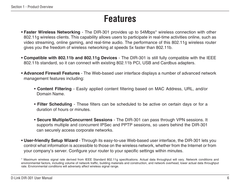 Features | D-Link DIR-301 User Manual | Page 6 / 67