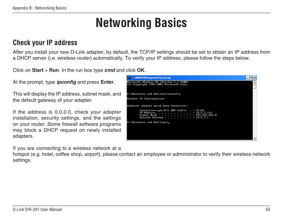 Networking basics, Check your ip address | D-Link DIR-301 User Manual | Page 63 / 67