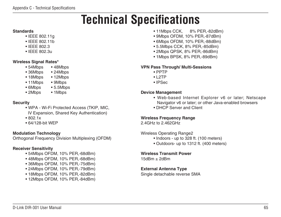 Technical specifications | D-Link DIR-301 User Manual | Page 65 / 67