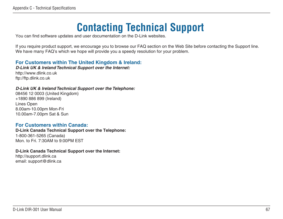 Contacting technical support | D-Link DIR-301 User Manual | Page 67 / 67