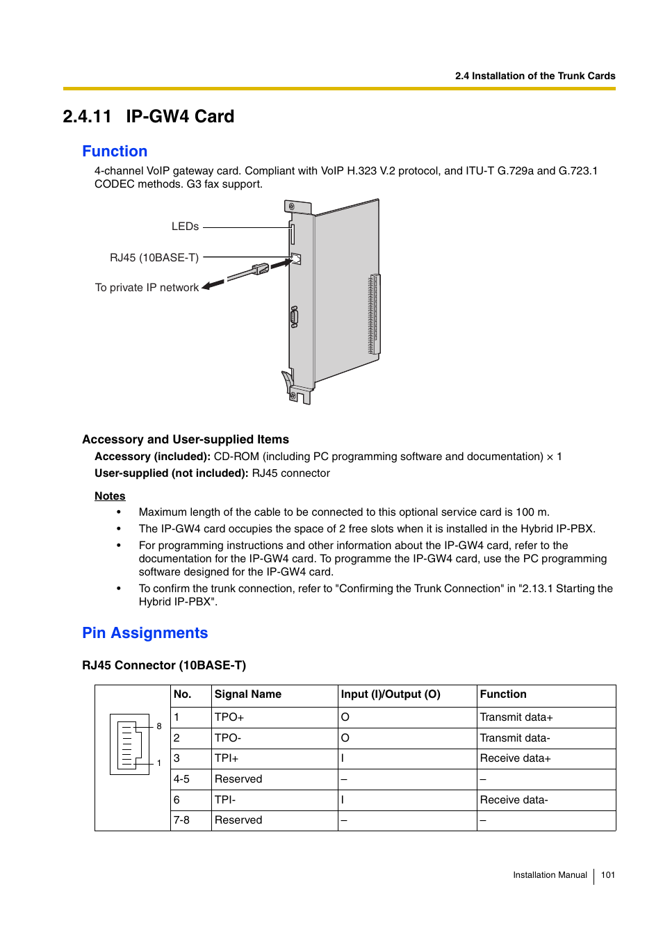 11 ip-gw4 card, Function, Pin assignments | D-Link KX-TDA100 User Manual | Page 101 / 250