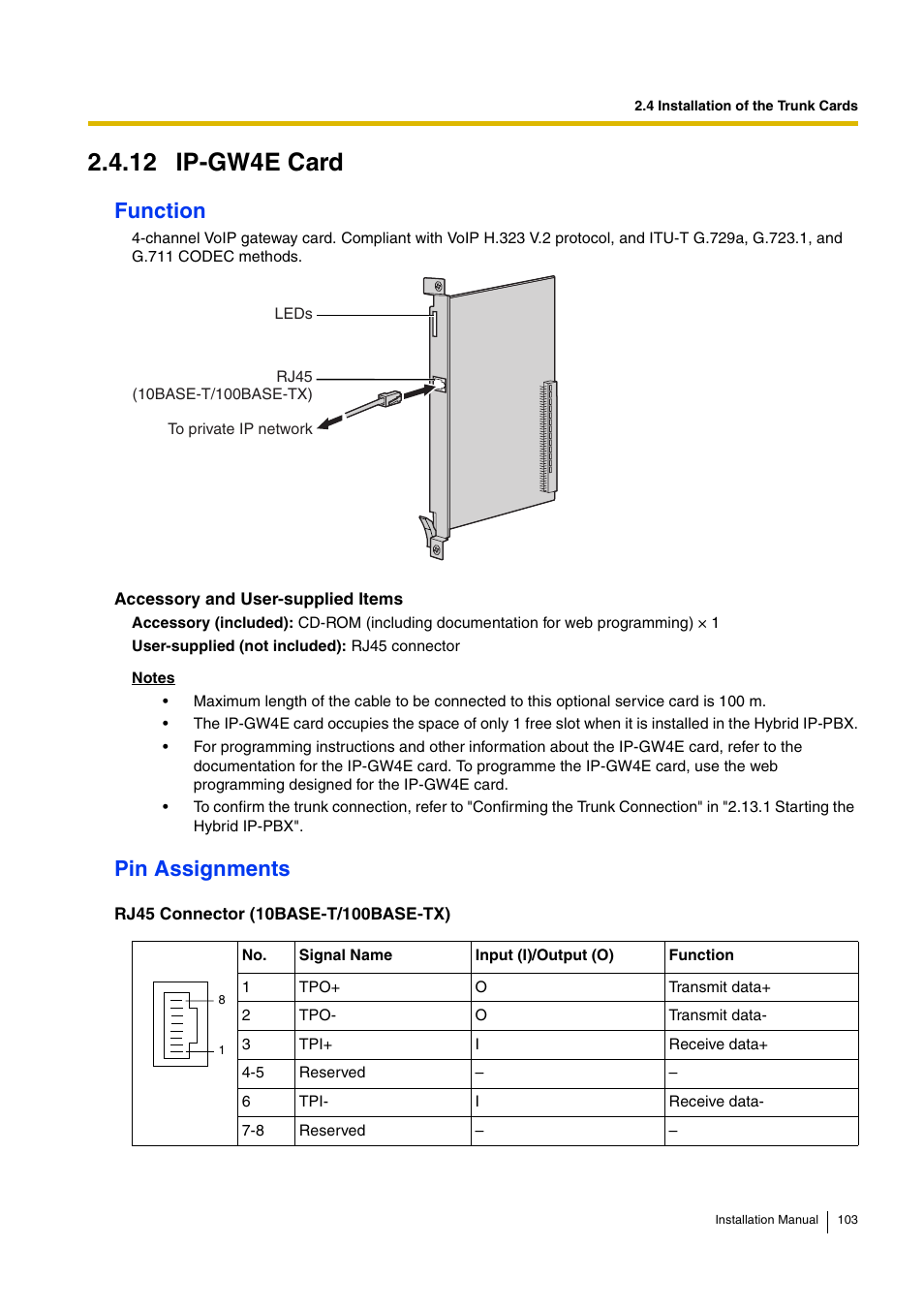 12 ip-gw4e card, Function, Pin assignments | D-Link KX-TDA100 User Manual | Page 103 / 250