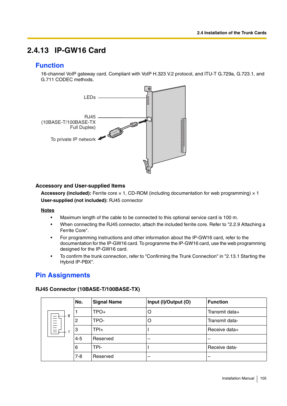 13 ip-gw16 card, Function, Pin assignments | D-Link KX-TDA100 User Manual | Page 105 / 250