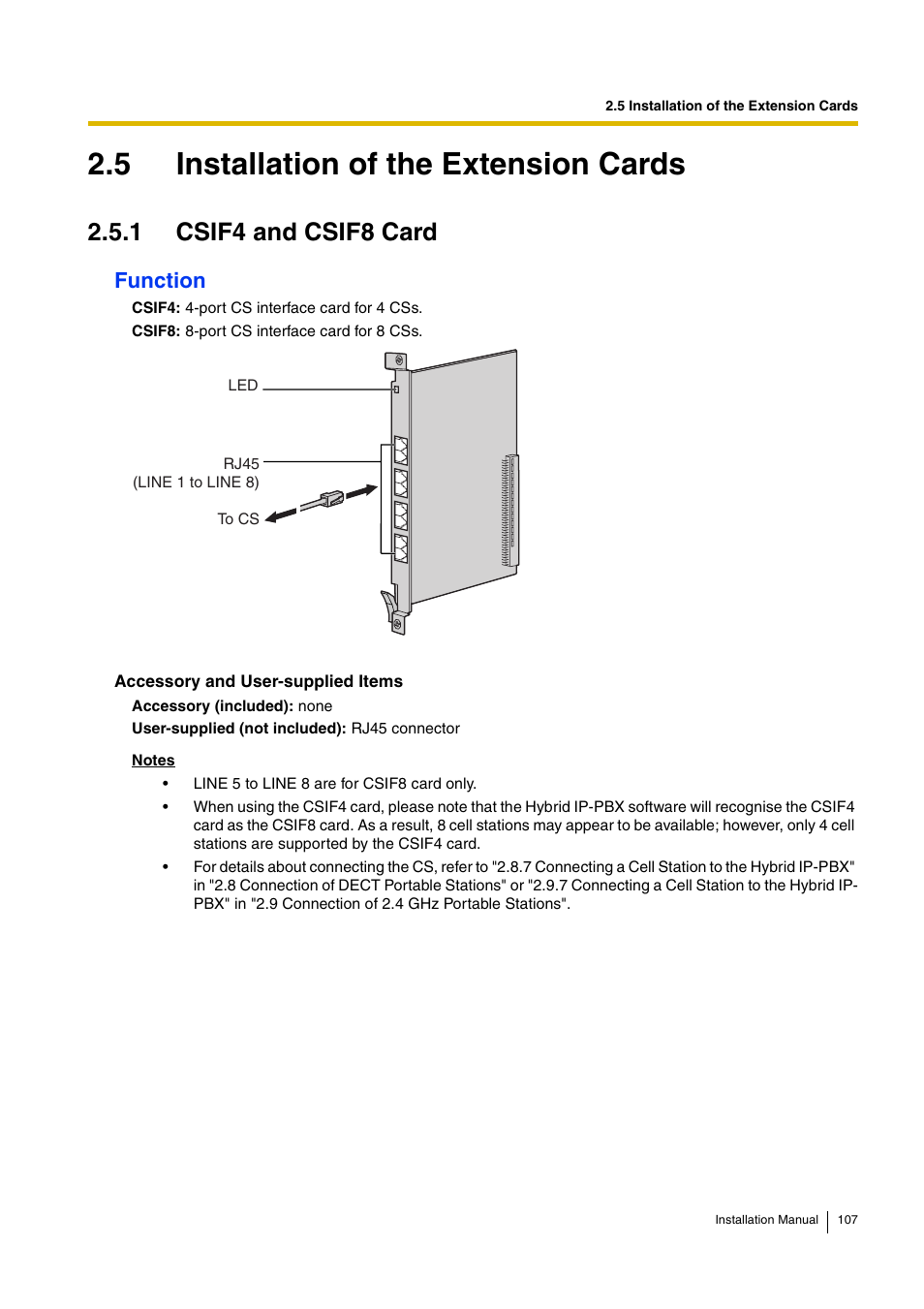 5 installation of the extension cards, 1 csif4 and csif8 card, Function | D-Link KX-TDA100 User Manual | Page 107 / 250