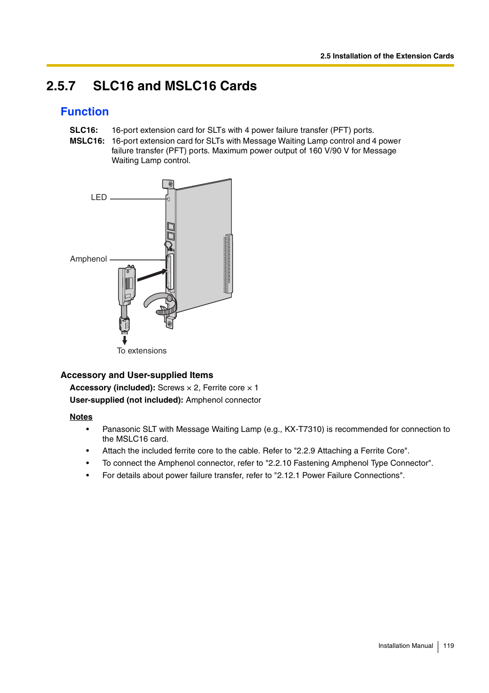 7 slc16 and mslc16 cards, Function | D-Link KX-TDA100 User Manual | Page 119 / 250