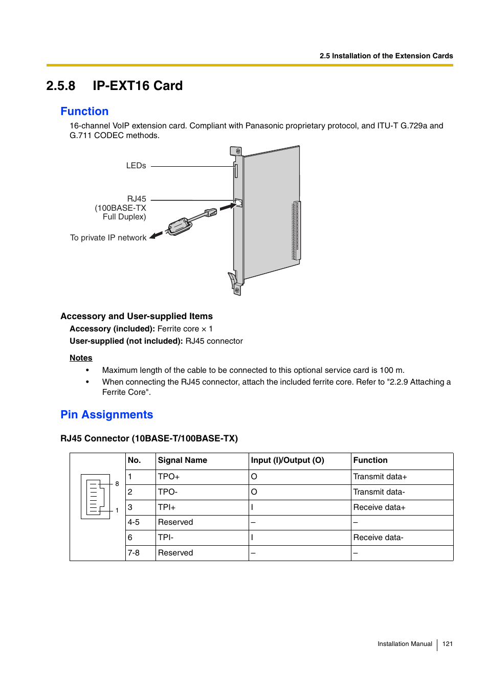 8 ip-ext16 card, Function, Pin assignments | D-Link KX-TDA100 User Manual | Page 121 / 250