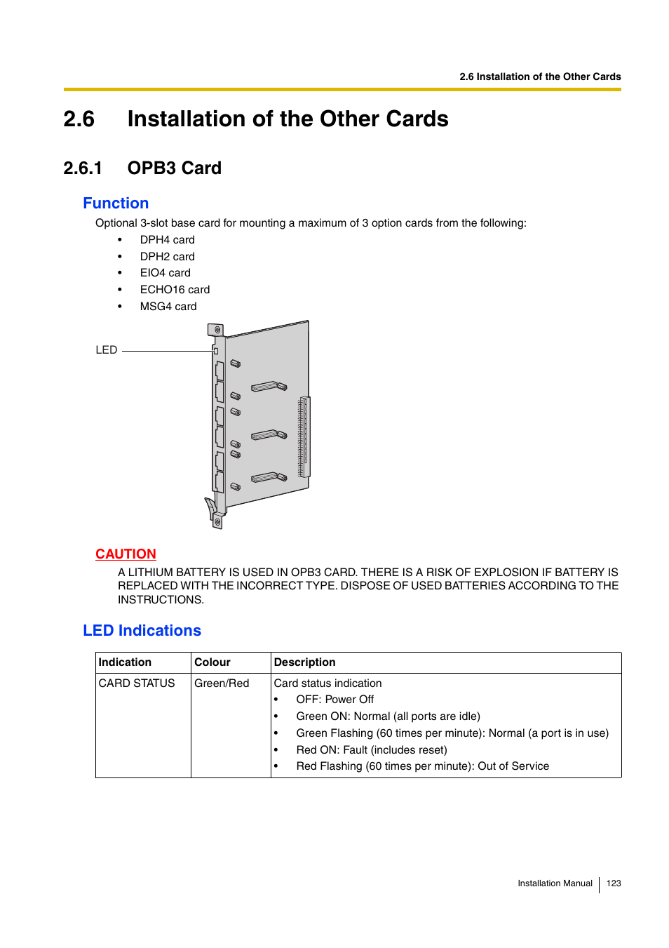 6 installation of the other cards, 1 opb3 card, Function | Led indications | D-Link KX-TDA100 User Manual | Page 123 / 250