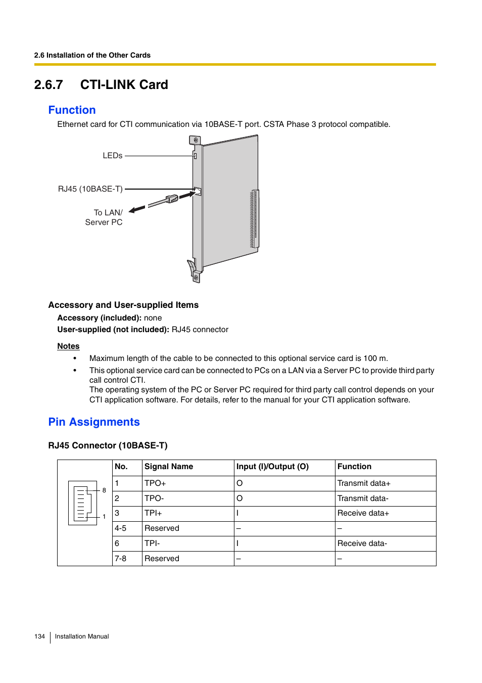 7 cti-link card, Function, Pin assignments | D-Link KX-TDA100 User Manual | Page 134 / 250