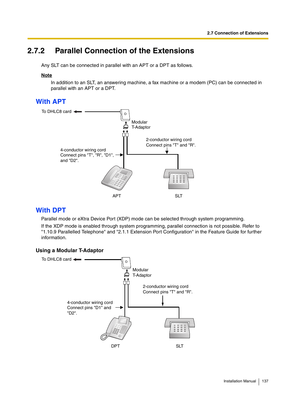 2 parallel connection of the extensions, With apt with dpt | D-Link KX-TDA100 User Manual | Page 137 / 250