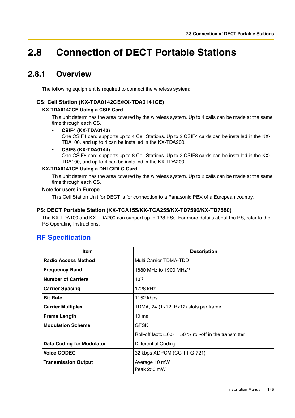 8 connection of dect portable stations, 1 overview, Rf specification | D-Link KX-TDA100 User Manual | Page 145 / 250