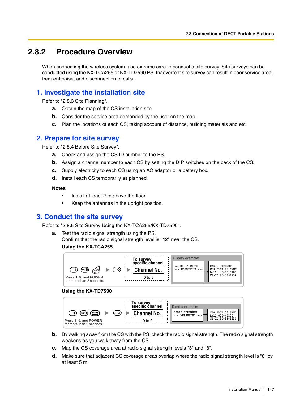 2 procedure overview, Investigate the installation site, Prepare for site survey | Conduct the site survey, Channel no | D-Link KX-TDA100 User Manual | Page 147 / 250