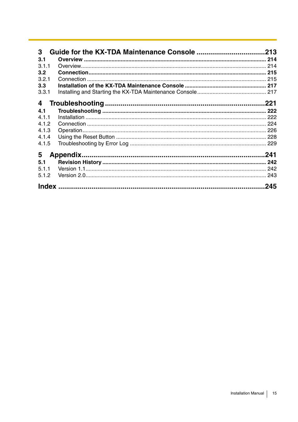 3 guide for the kx-tda maintenance console 213, 4 troubleshooting 221, 5 appendix 241 | Index 245, 3guide for the kx-tda maintenance console, 4troubleshooting, 5appendix, Index | D-Link KX-TDA100 User Manual | Page 15 / 250