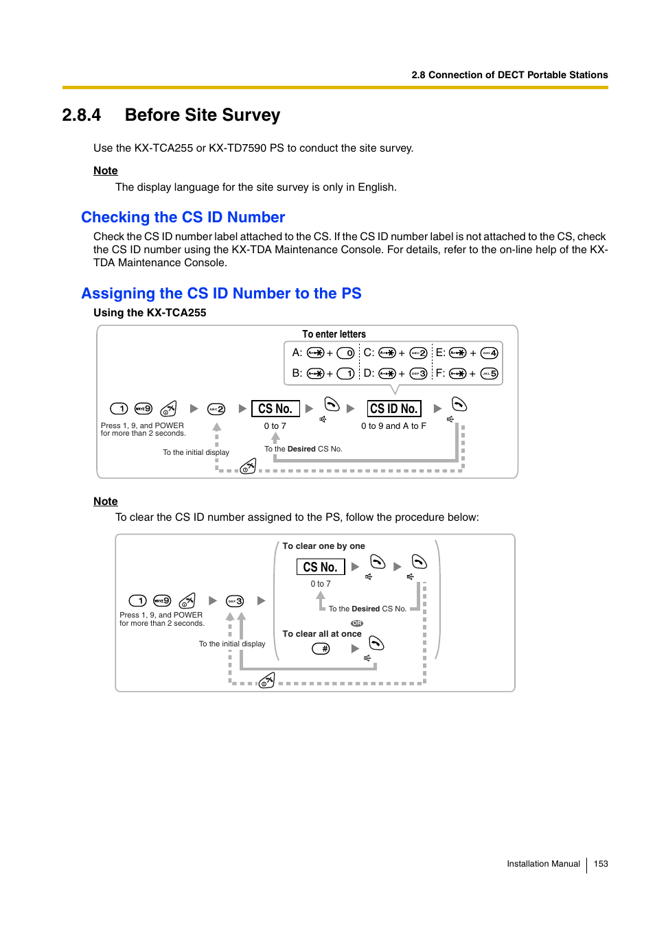 4 before site survey, Checking the cs id number, Assigning the cs id number to the ps | Cs no. cs id no, Cs no, A: + c: + e: + b: + d: + f | D-Link KX-TDA100 User Manual | Page 153 / 250