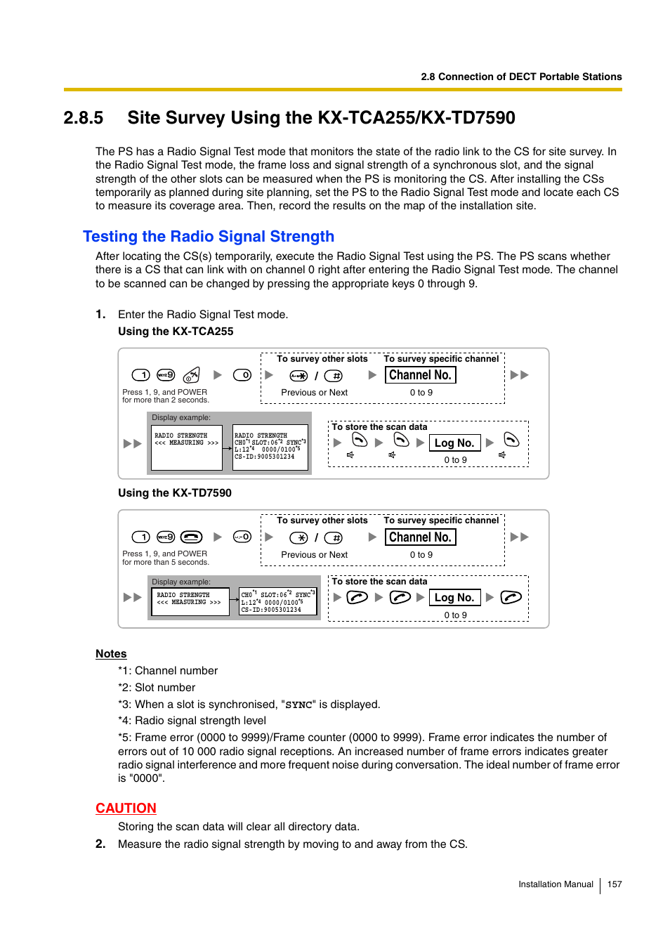 5 site survey using the kx-tca255/kx-td7590, Testing the radio signal strength, Caution | Channel no, Log no | D-Link KX-TDA100 User Manual | Page 157 / 250