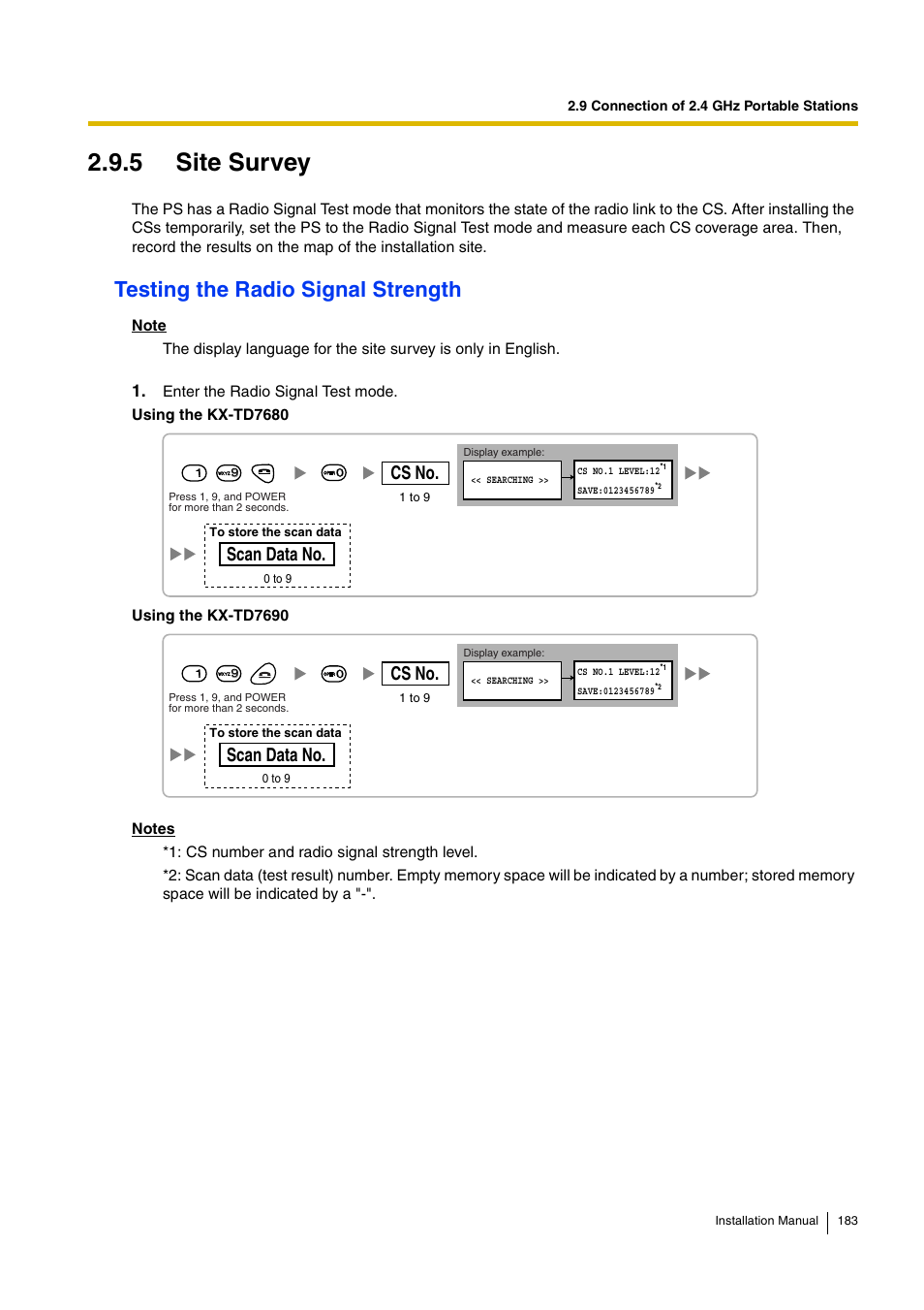 5 site survey, Testing the radio signal strength, Cs no | Scan data no | D-Link KX-TDA100 User Manual | Page 183 / 250