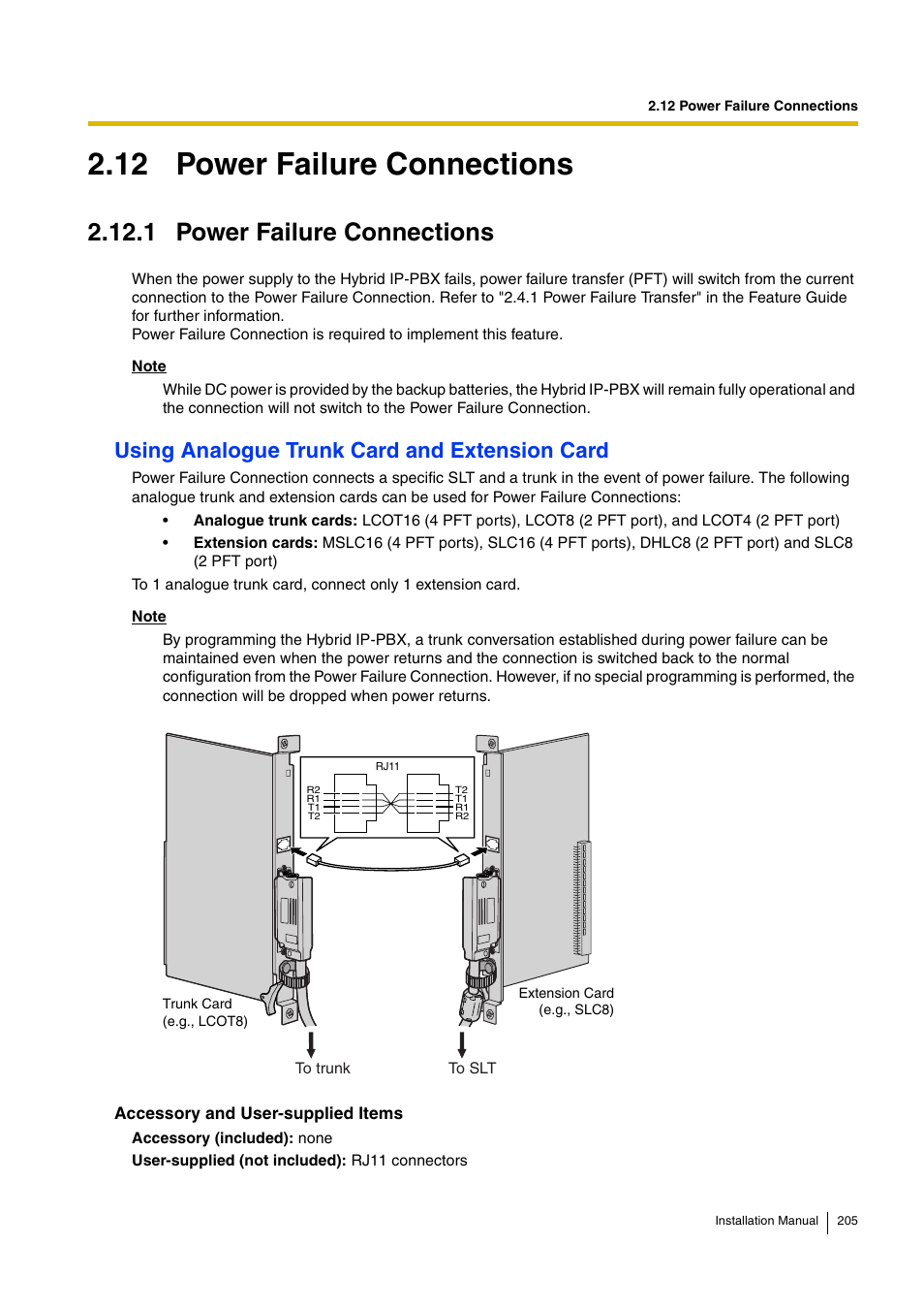 12 power failure connections, 1 power failure connections, To "2.12.1 power failure connections | Using analogue trunk card and extension card | D-Link KX-TDA100 User Manual | Page 205 / 250