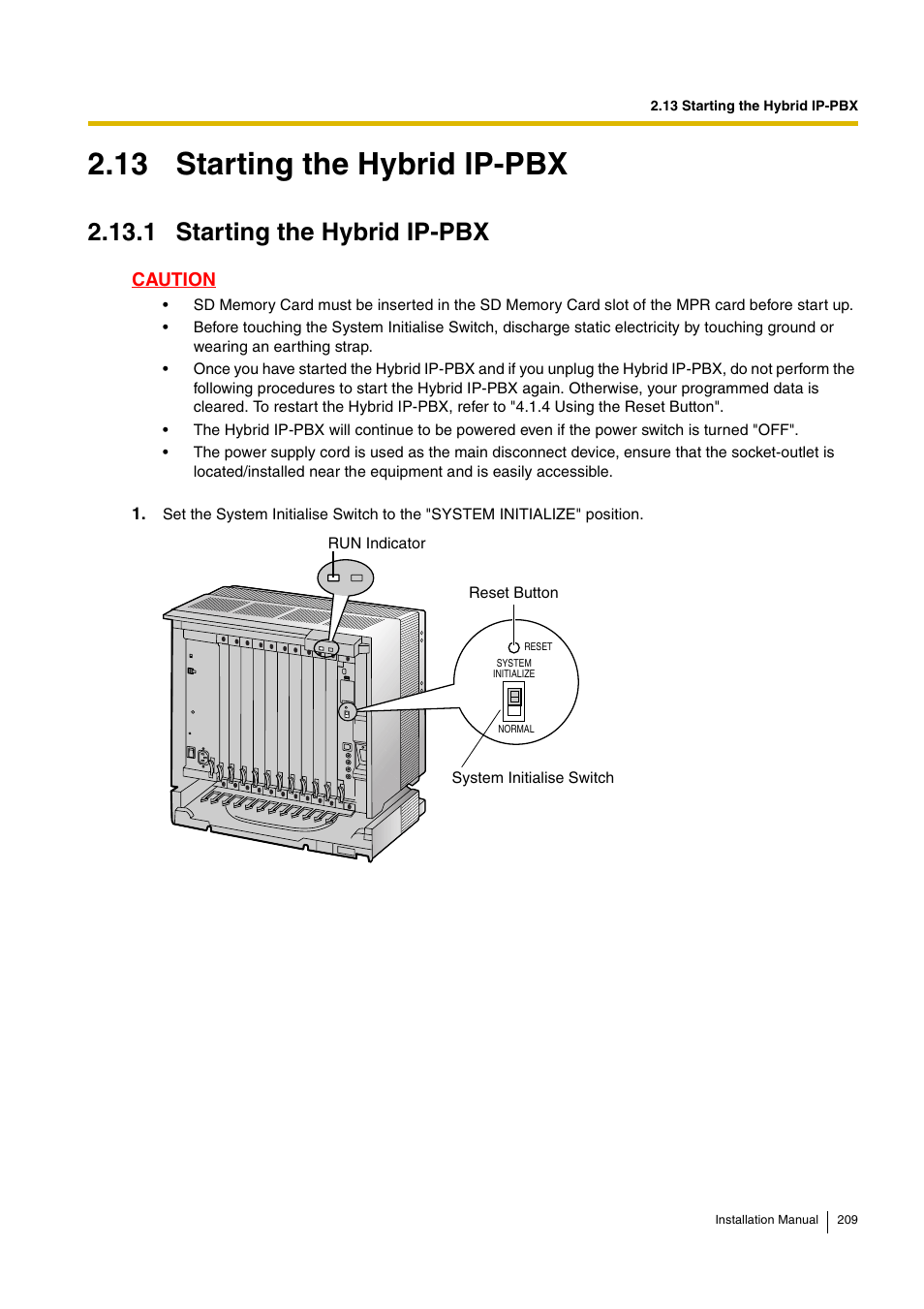 13 starting the hybrid ip-pbx, 1 starting the hybrid ip-pbx, Caution | D-Link KX-TDA100 User Manual | Page 209 / 250