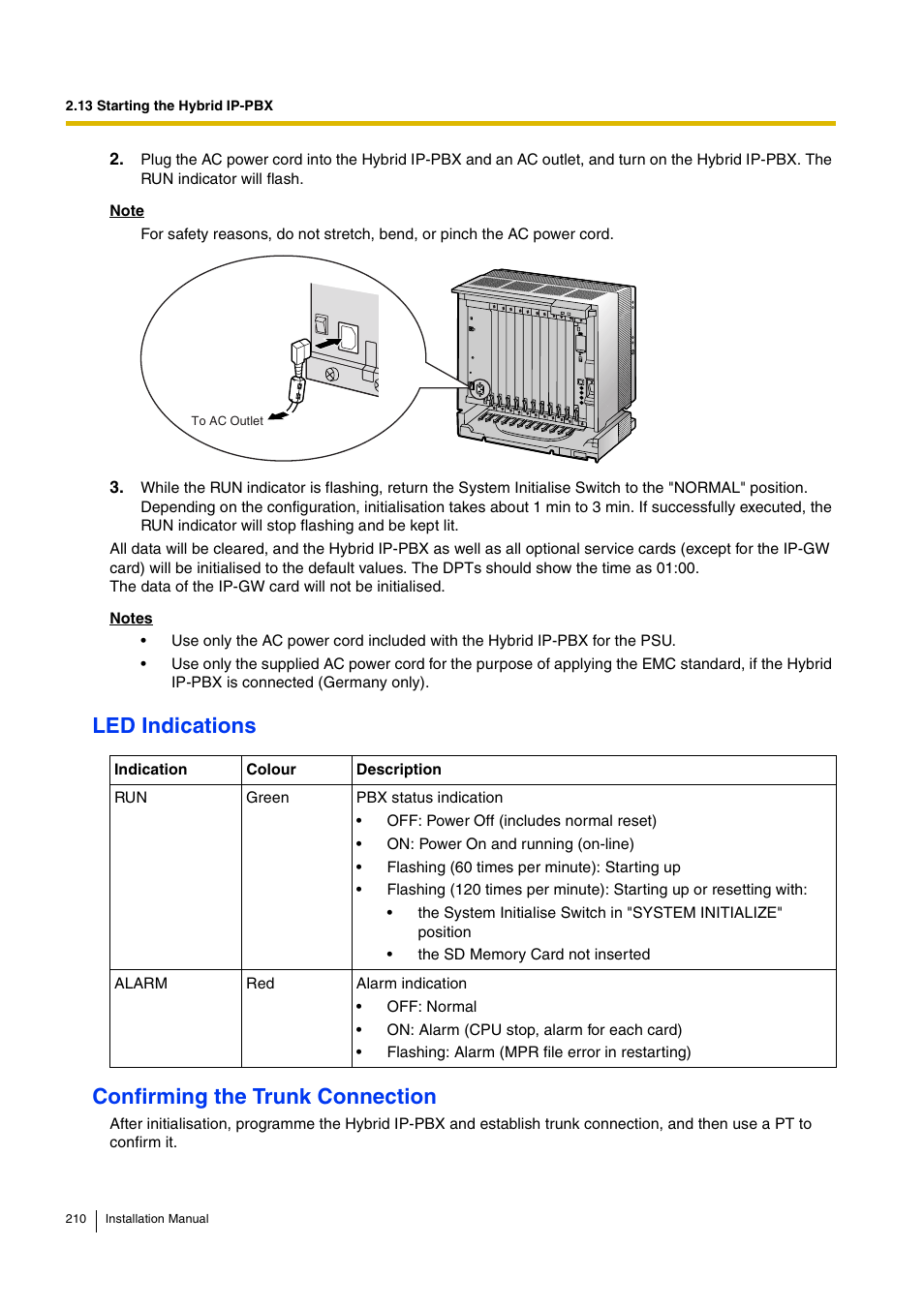 To "confirming the trunk connection, Led indications confirming the trunk connection | D-Link KX-TDA100 User Manual | Page 210 / 250