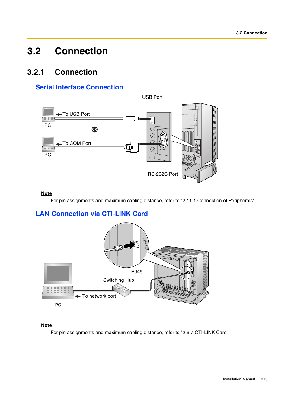 2 connection, 1 connection, Serial interface connection | Lan connection via cti-link card | D-Link KX-TDA100 User Manual | Page 215 / 250