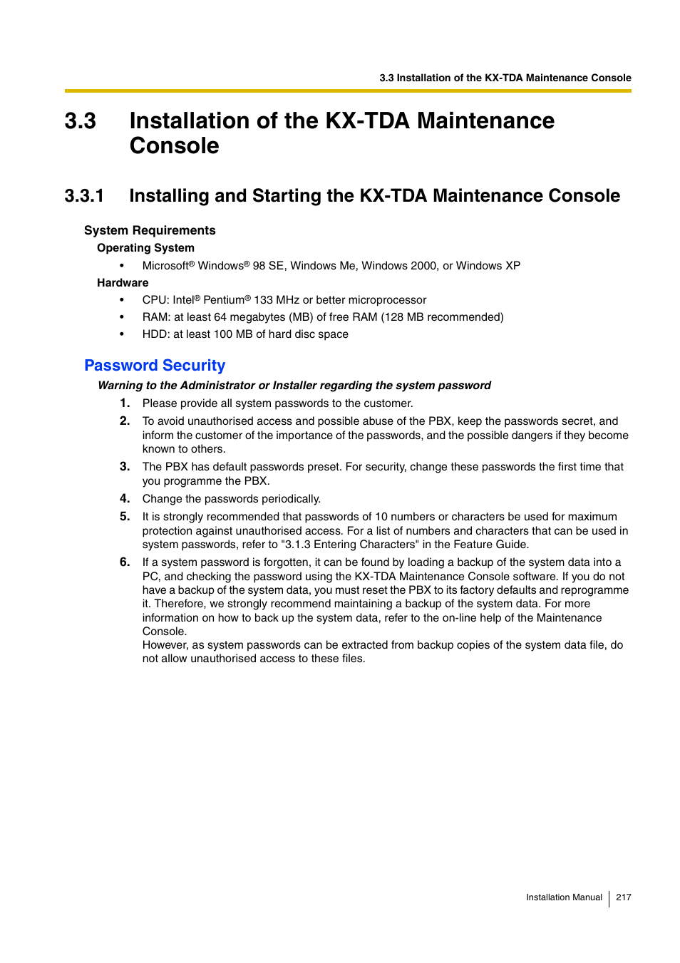 3 installation of the kx-tda maintenance console, Password security | D-Link KX-TDA100 User Manual | Page 217 / 250