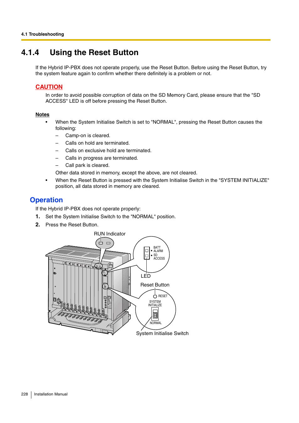 4 using the reset button, Operation, Caution | D-Link KX-TDA100 User Manual | Page 228 / 250