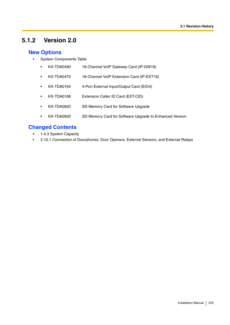 2 version 2.0, New options, Changed contents | D-Link KX-TDA100 User Manual | Page 243 / 250