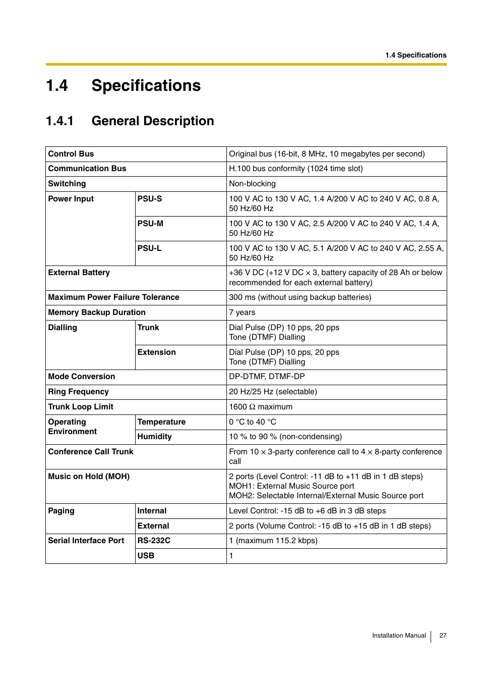 4 specifications, 1 general description | D-Link KX-TDA100 User Manual | Page 27 / 250