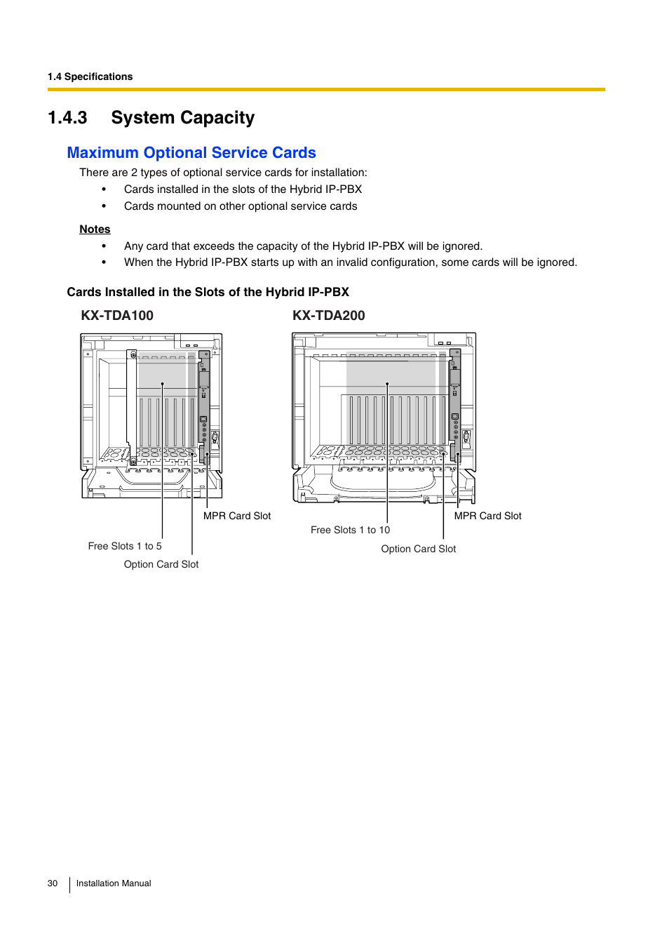 3 system capacity, Maximum optional service cards | D-Link KX-TDA100 User Manual | Page 30 / 250