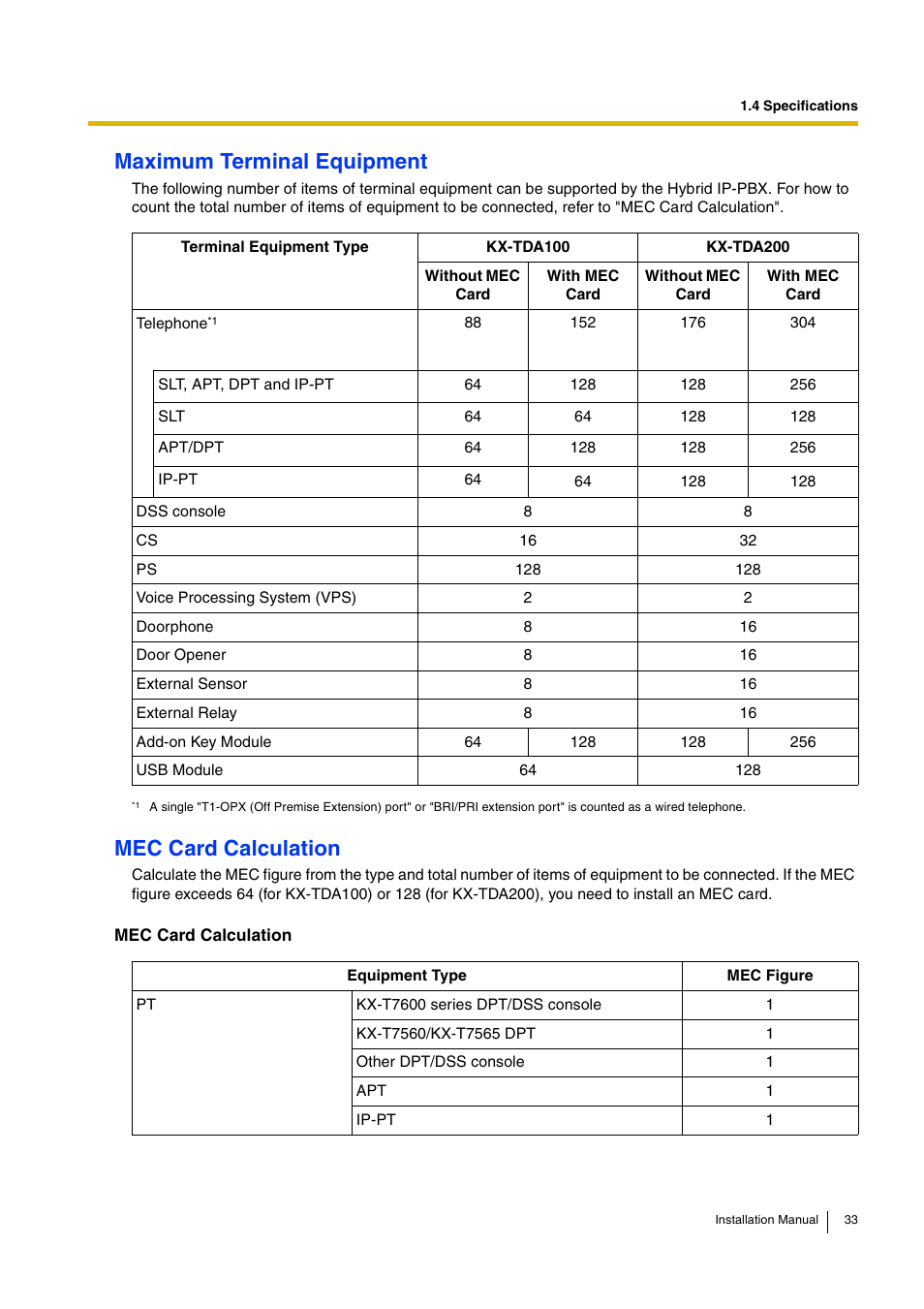 Maximum terminal equipment, Mec card calculation | D-Link KX-TDA100 User Manual | Page 33 / 250