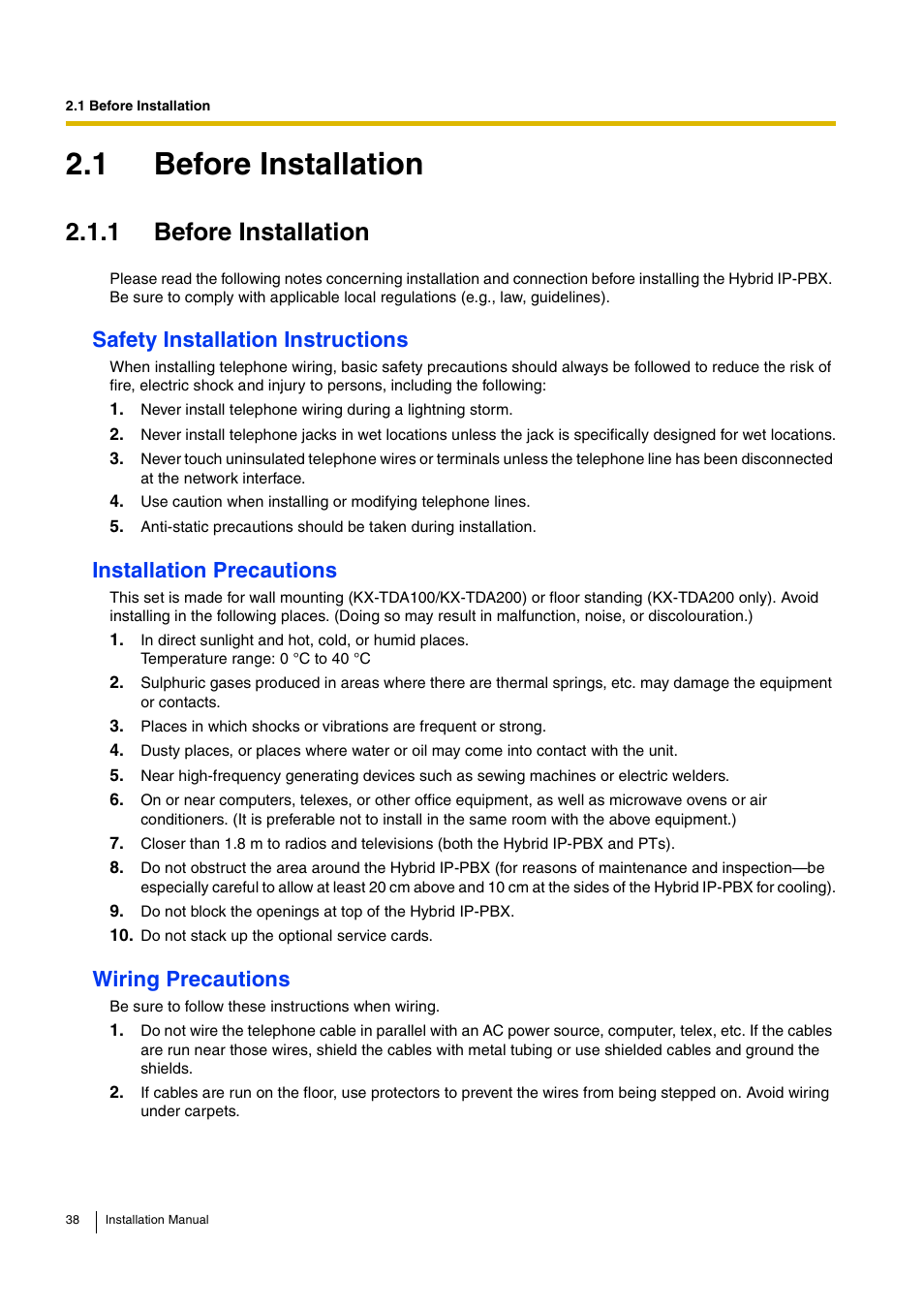 1 before installation, Safety installation instructions, Installation precautions | Wiring precautions | D-Link KX-TDA100 User Manual | Page 38 / 250