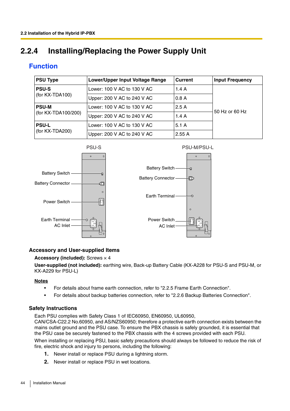 4 installing/replacing the power supply unit, Function | D-Link KX-TDA100 User Manual | Page 44 / 250