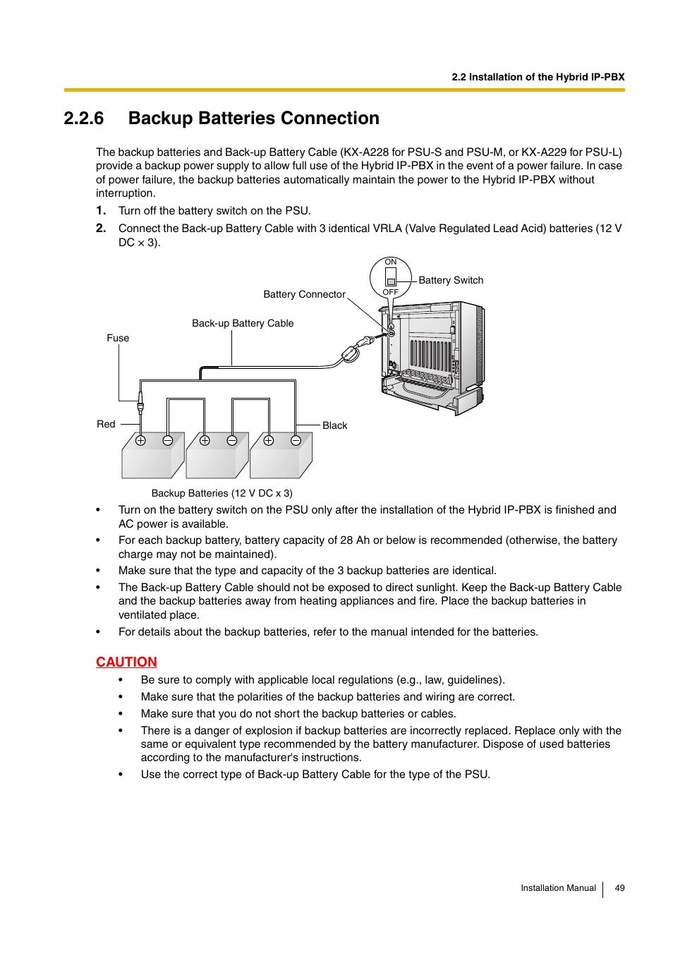 6 backup batteries connection, Caution | D-Link KX-TDA100 User Manual | Page 49 / 250