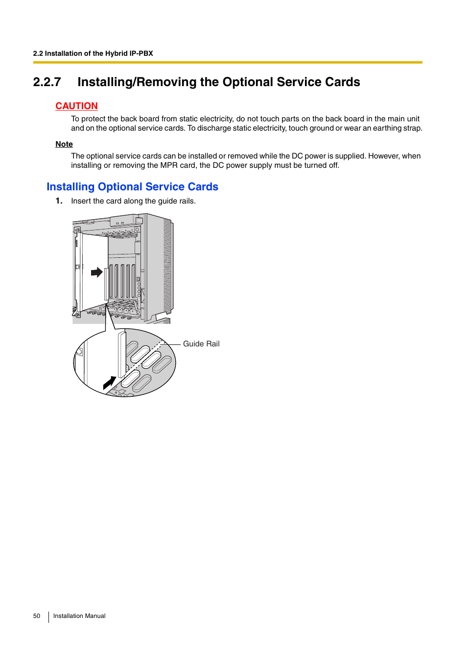 7 installing/removing the optional service cards, Installing optional service cards | D-Link KX-TDA100 User Manual | Page 50 / 250