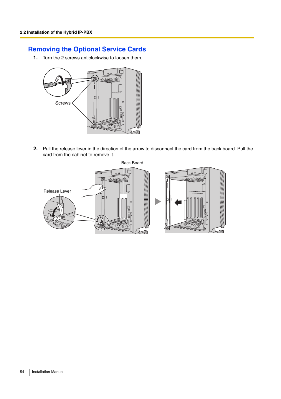 Removing the optional service cards | D-Link KX-TDA100 User Manual | Page 54 / 250