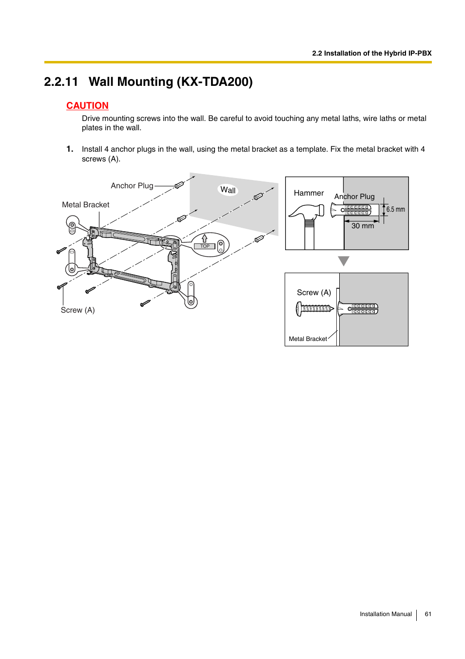 11 wall mounting (kx-tda200), Caution | D-Link KX-TDA100 User Manual | Page 61 / 250