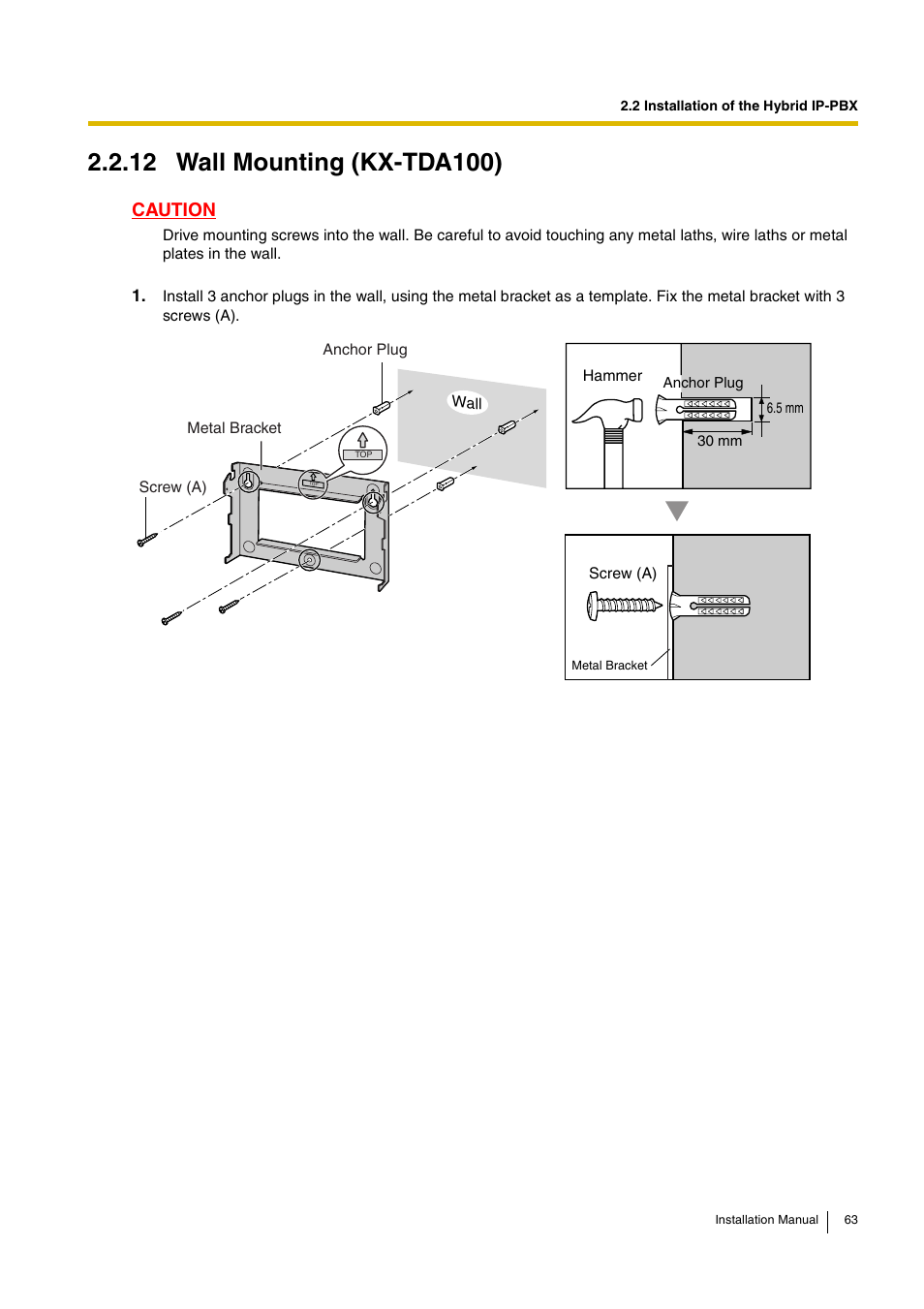 12 wall mounting (kx-tda100), Caution | D-Link KX-TDA100 User Manual | Page 63 / 250