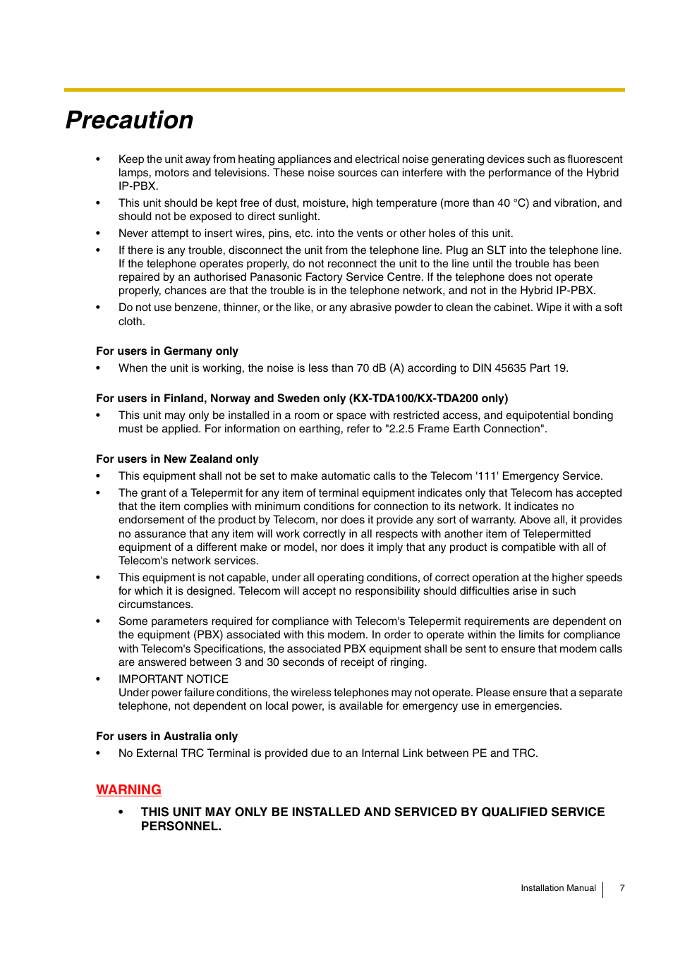 Precaution | D-Link KX-TDA100 User Manual | Page 7 / 250