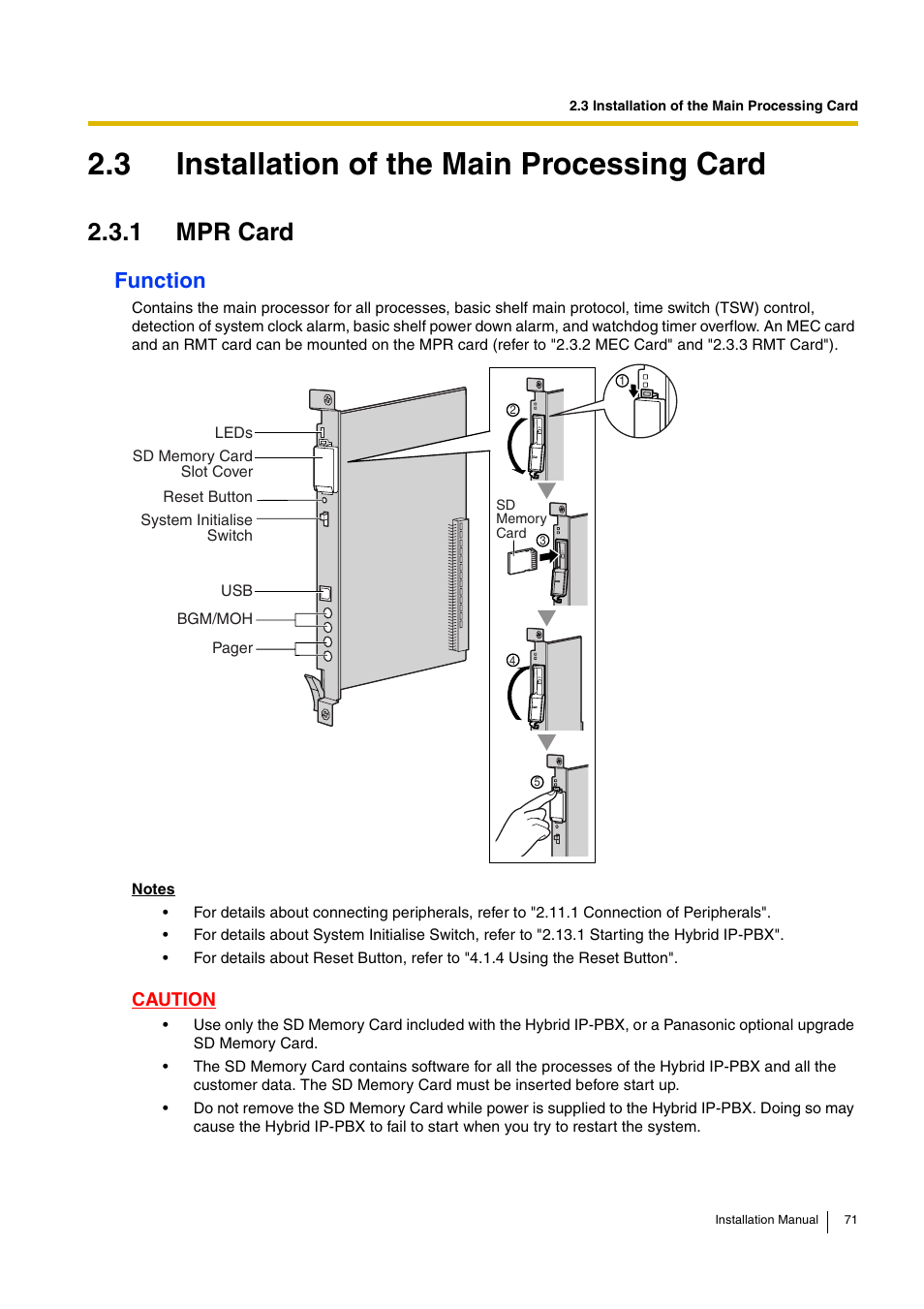 3 installation of the main processing card, 1 mpr card, Function | D-Link KX-TDA100 User Manual | Page 71 / 250