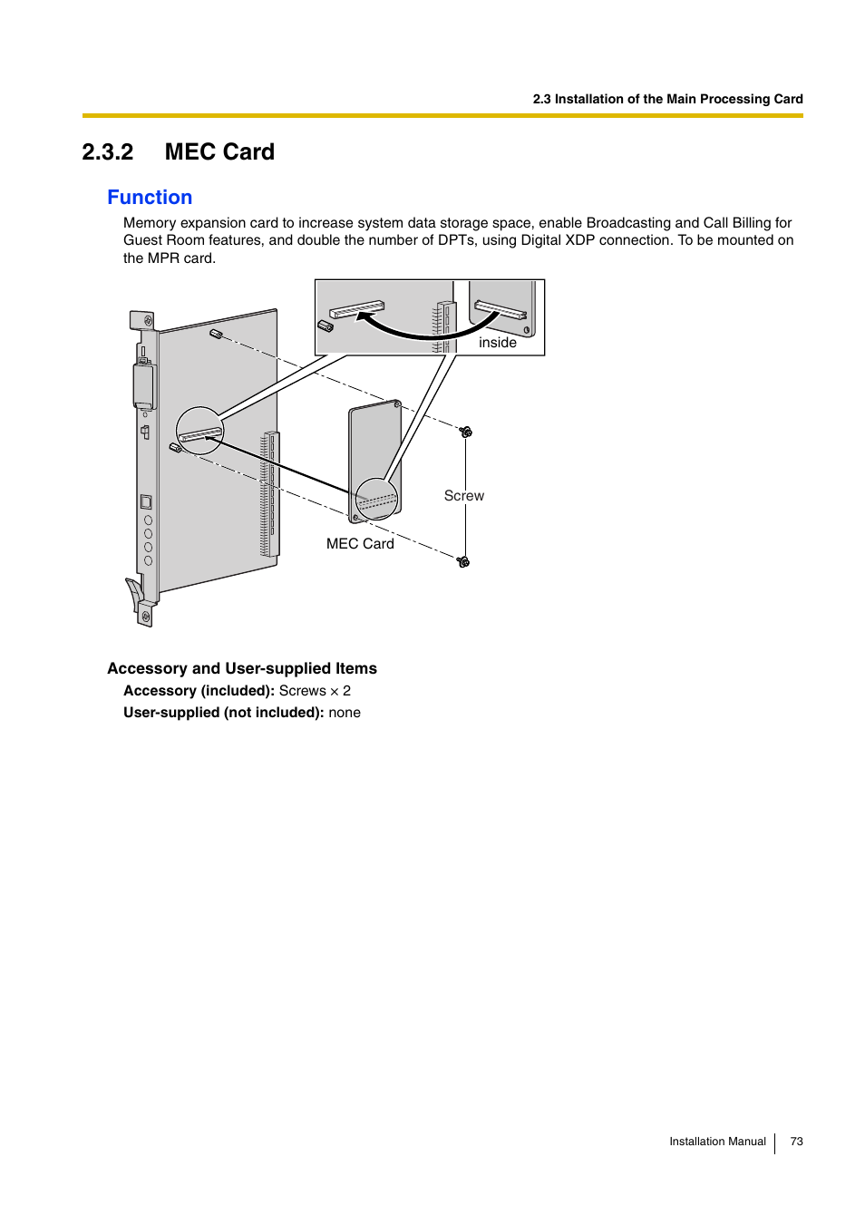 2 mec card, Function | D-Link KX-TDA100 User Manual | Page 73 / 250