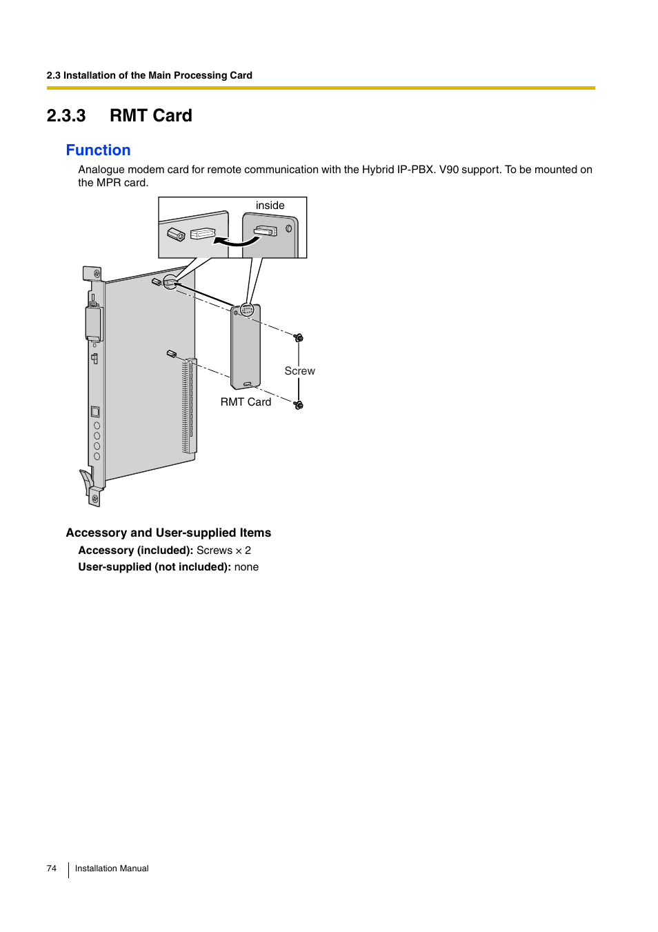 3 rmt card, Nd "2.3.3 rmt card, Function | D-Link KX-TDA100 User Manual | Page 74 / 250