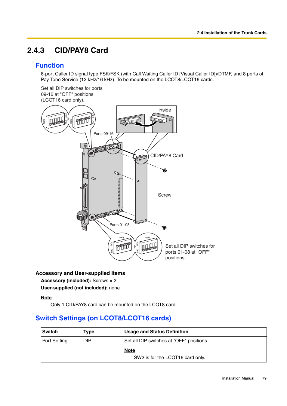 3 cid/pay8 card, Function, Switch settings (on lcot8/lcot16 cards) | D-Link KX-TDA100 User Manual | Page 79 / 250