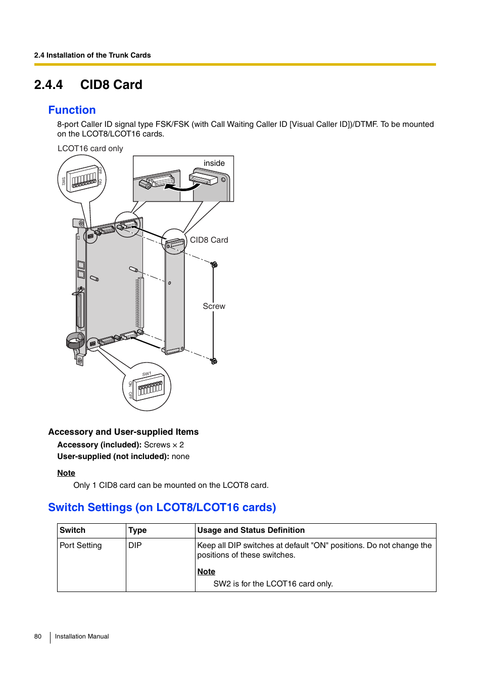 4 cid8 card, Function, Switch settings (on lcot8/lcot16 cards) | D-Link KX-TDA100 User Manual | Page 80 / 250