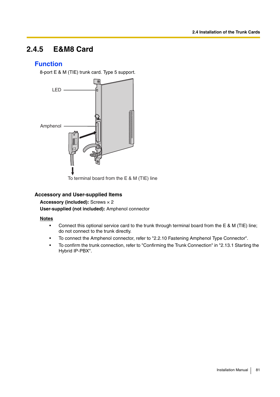 5 e&m8 card, Function | D-Link KX-TDA100 User Manual | Page 81 / 250