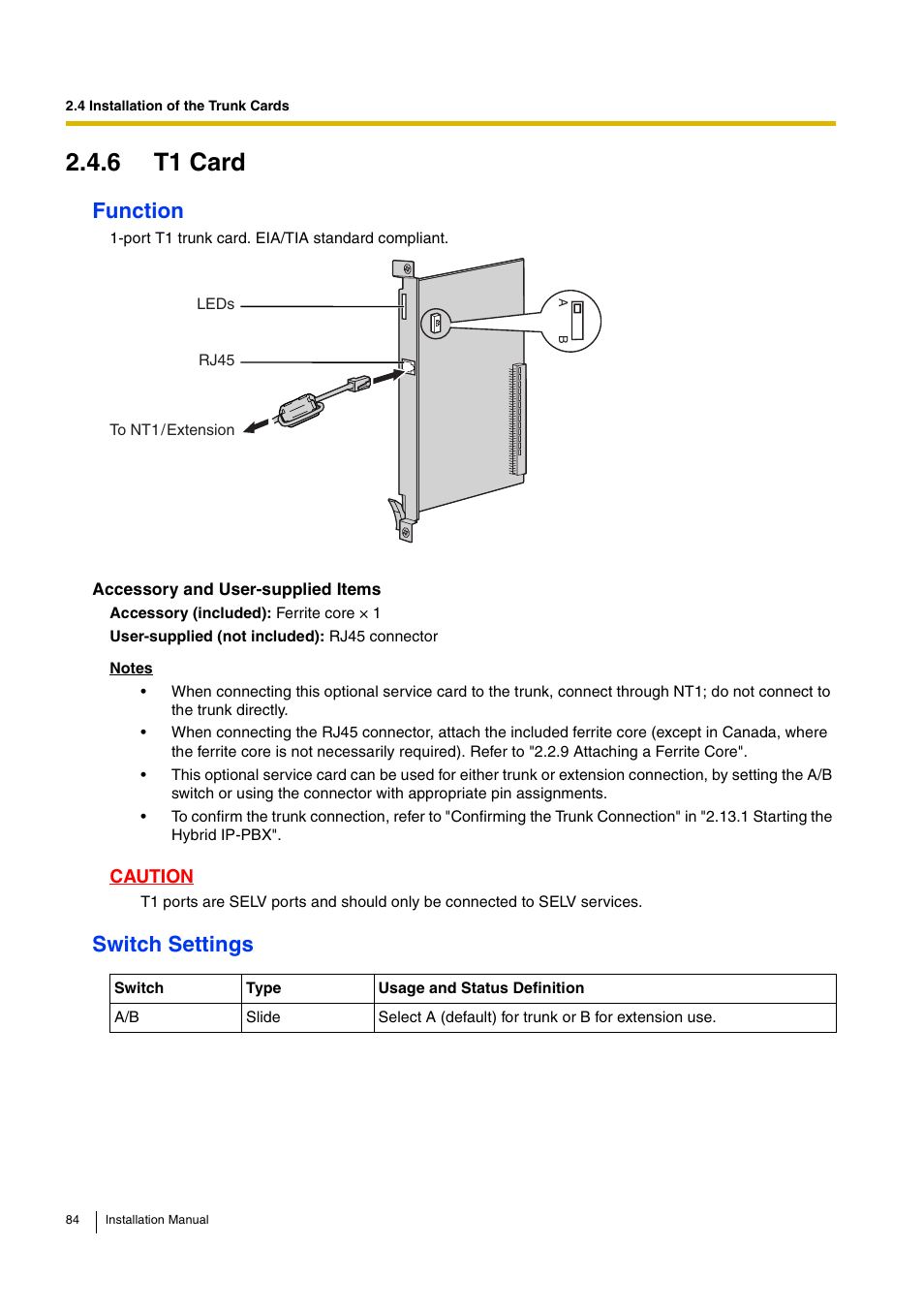6 t1 card, Function, Switch settings | D-Link KX-TDA100 User Manual | Page 84 / 250