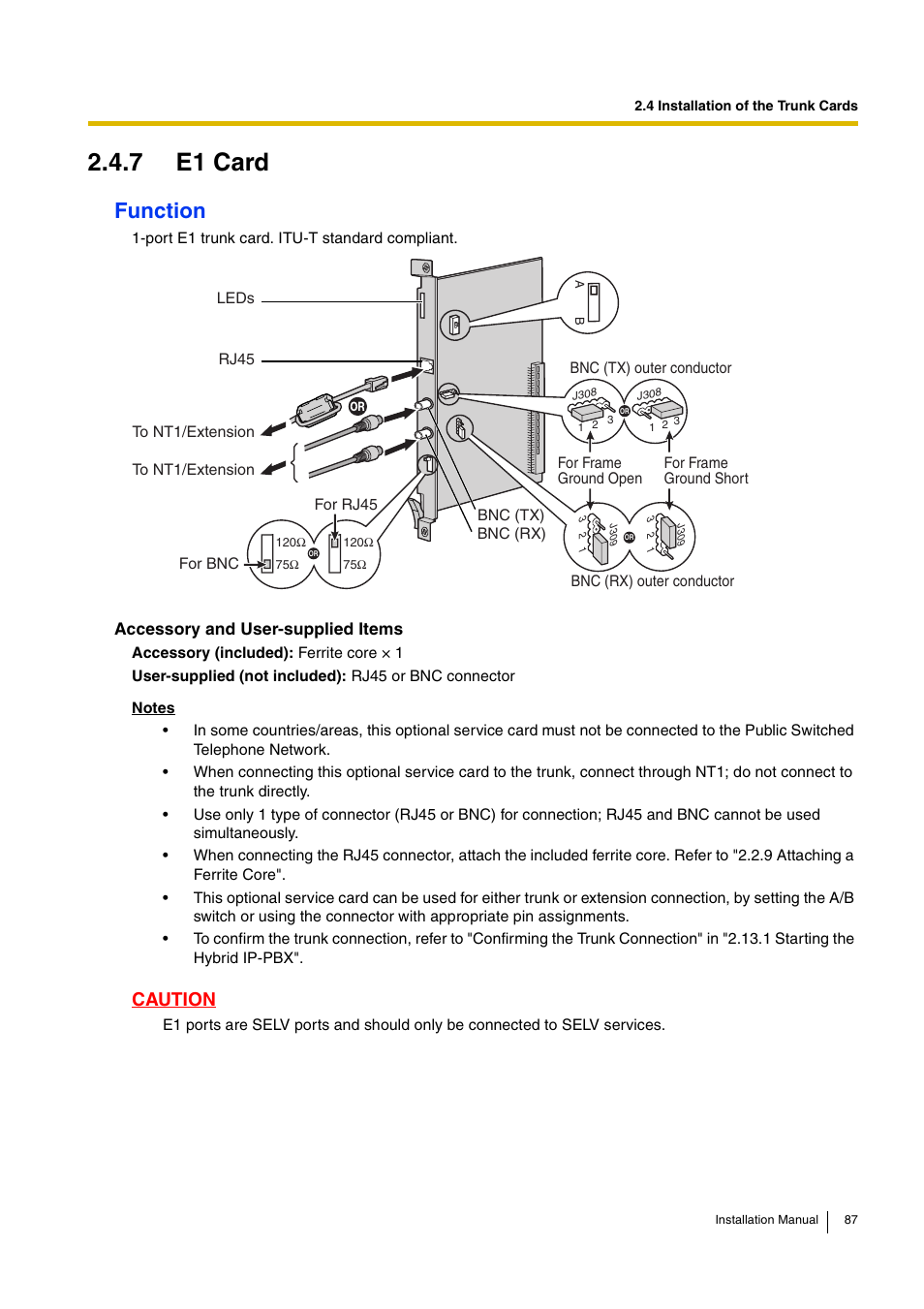 7 e1 card, Function, Caution | D-Link KX-TDA100 User Manual | Page 87 / 250