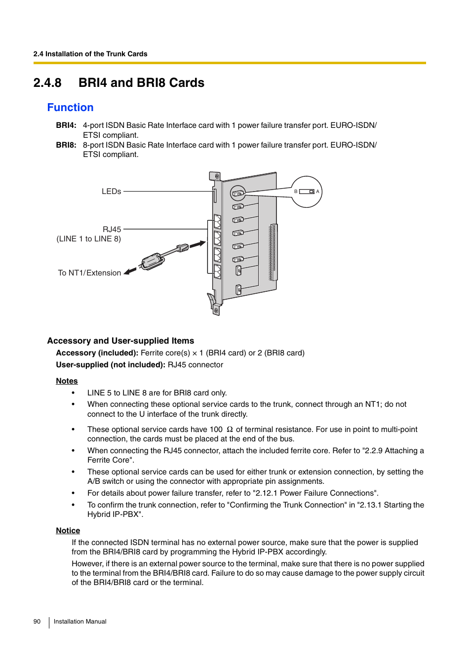 8 bri4 and bri8 cards, Function | D-Link KX-TDA100 User Manual | Page 90 / 250